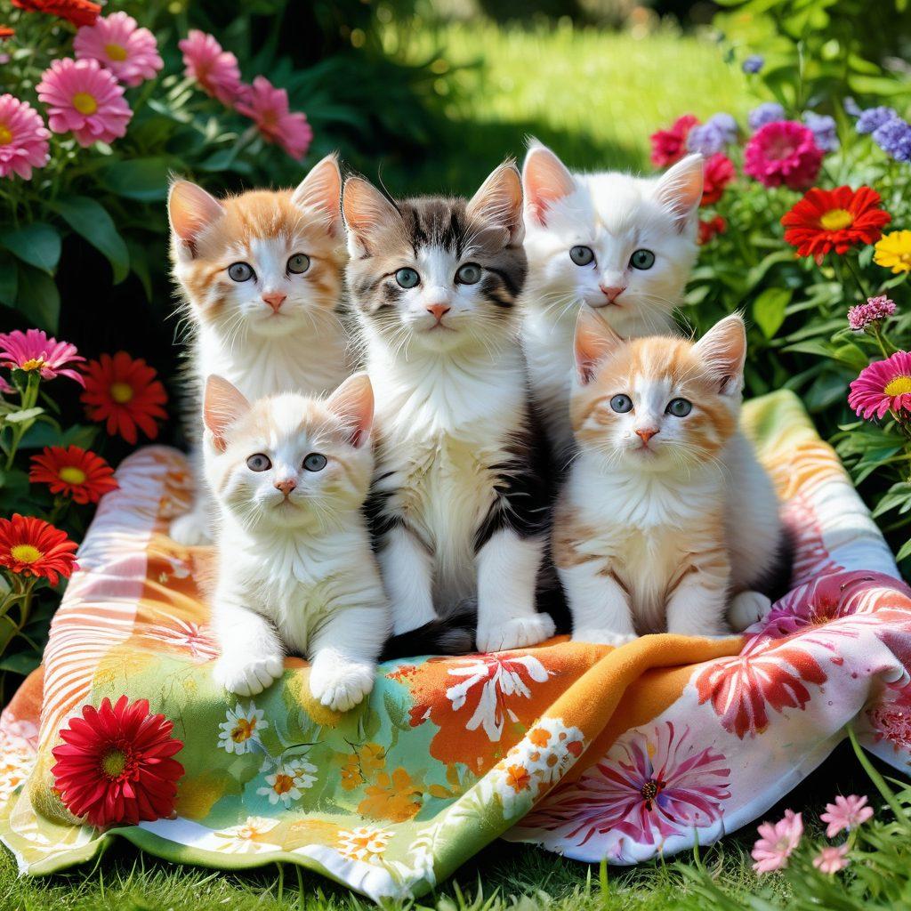 A heartwarming scene of playful kittens cuddling in a sunny garden, surrounded by colorful flowers and gentle sunlight filtering through the trees. Add a cozy blanket and some toys scattered around, showcasing the joy of kitten care. The atmosphere should be vibrant and inviting, evoking feelings of warmth and love. super-realistic. vibrant colors. bright background.