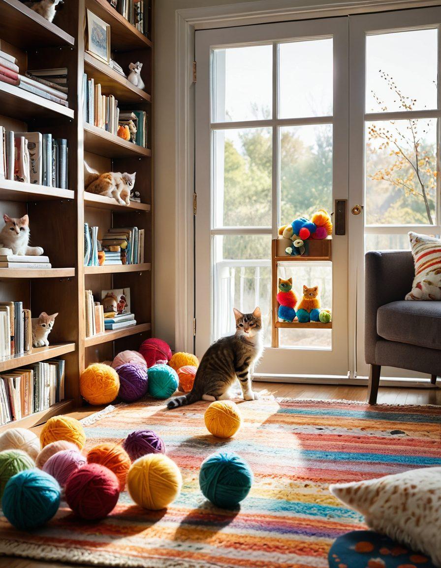 A cozy living room filled with playful kittens exploring various toys, with a warm sunlight streaming through the window highlighting their fur. Include a curious kitten climbing a bookshelf surrounded by cat-themed decorations like paw prints and yarn balls. Emphasize a feeling of joy and warmth in the scene. soft focus, warm colors, super-realistic.