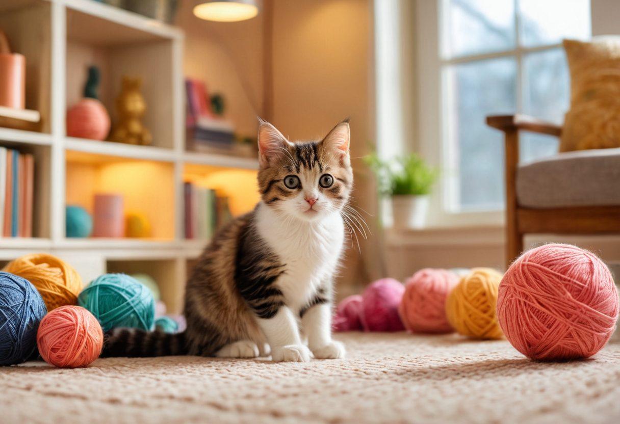 A cozy living room scene featuring a playful kitten batting at a ball of yarn, surrounded by comfortable cat toys and a sunny window. Soft pastel colors create a warm atmosphere, with a bookshelf filled with cat care books in the background. A gentle, curious expression on the kitten's face invites new cat owners to learn and explore. super-realistic. vibrant colors. warm lighting.